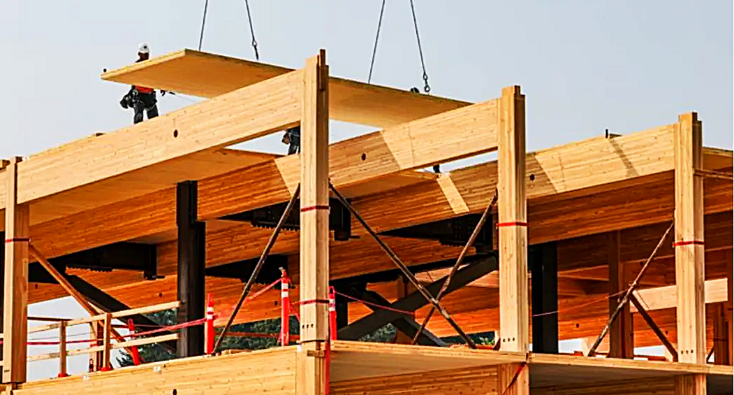 Mass timber construction — CLT panels being set by crane